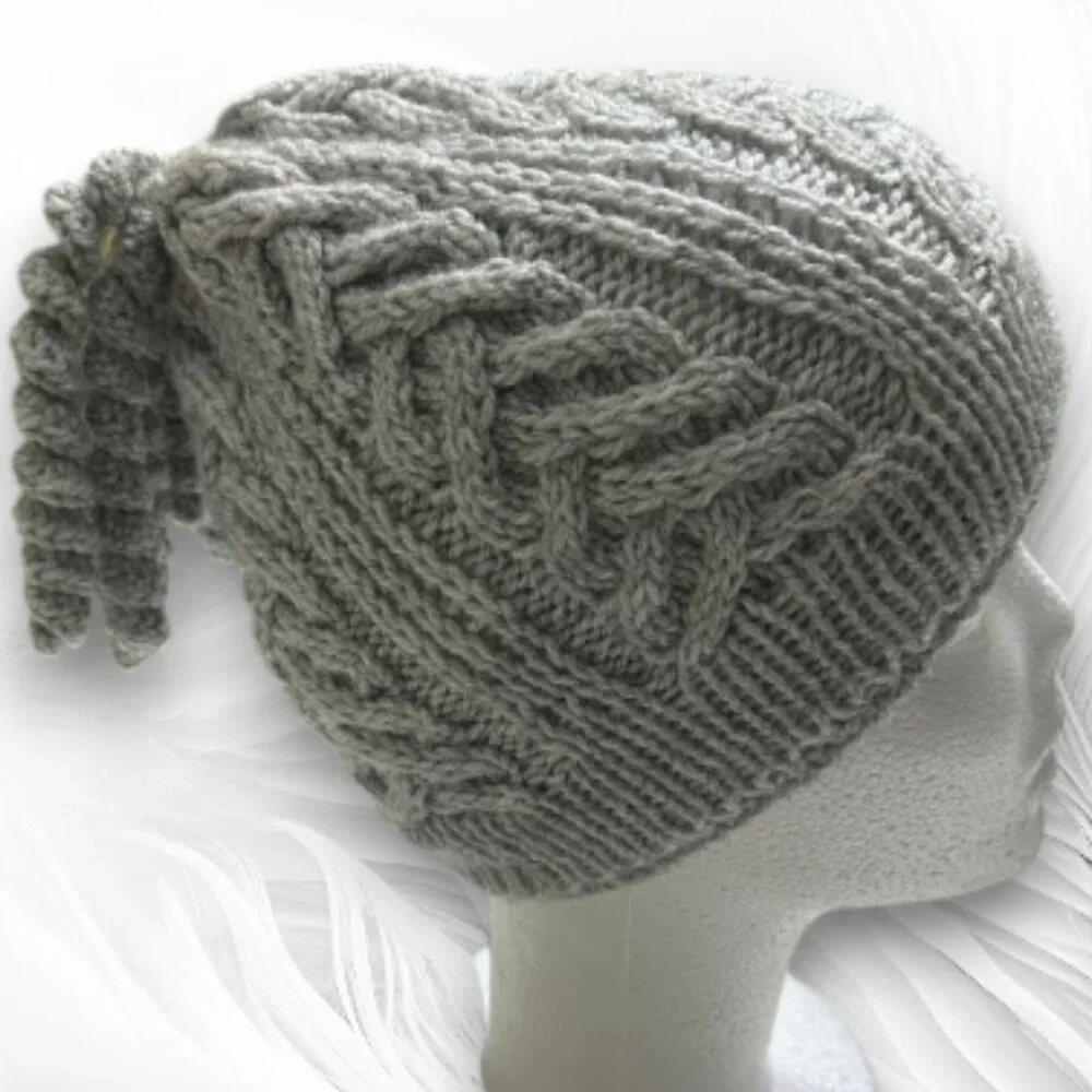 Handmade Gray Chunky Knit Hat with Braided Cable Pattern